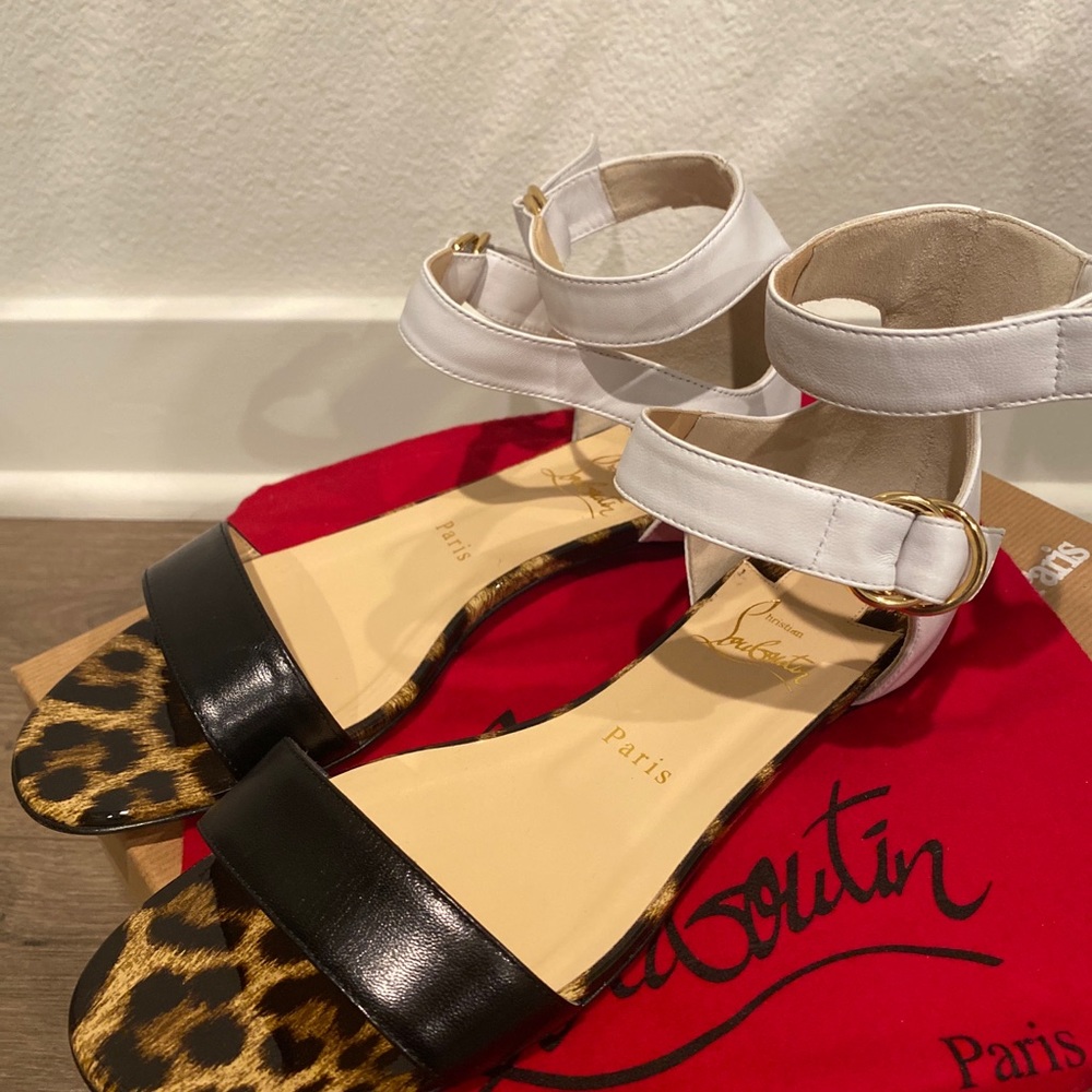 LOUBOUTIN TRES BEA BLACK WHITE LEOPARD PRINT FLAT